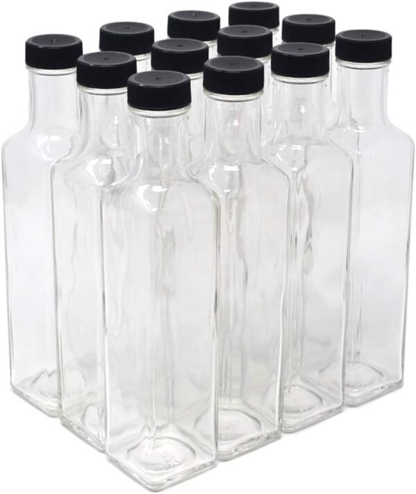 12 Pack 250ml Clear Glass Quadra Bottles with Black Caps