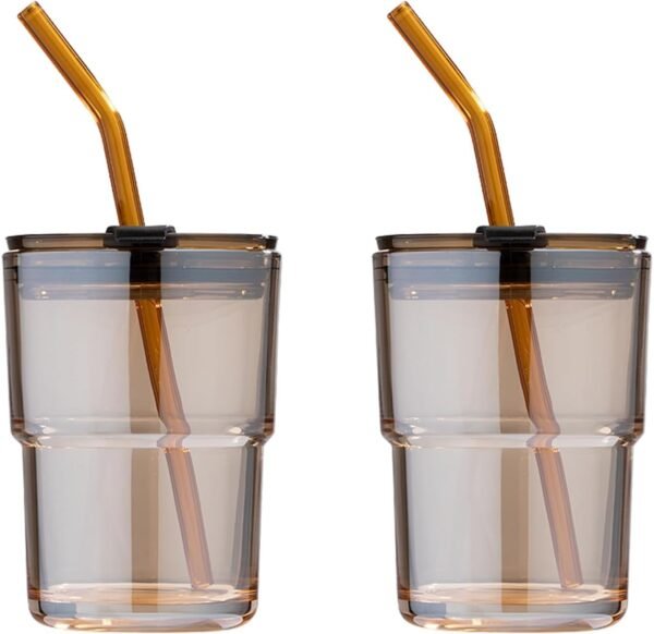 2 Pack 13oz Amber Double Wall Glass Tumblers with Straw