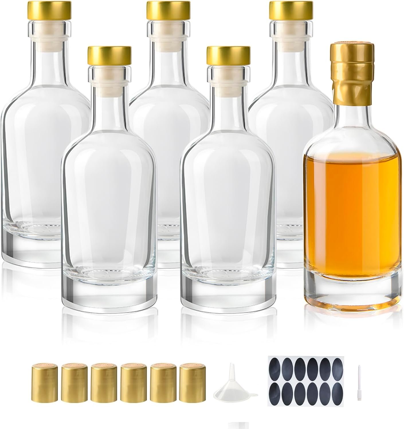 6 Pack 6oz Clear Glass Liquor Bottles with T Top Caps