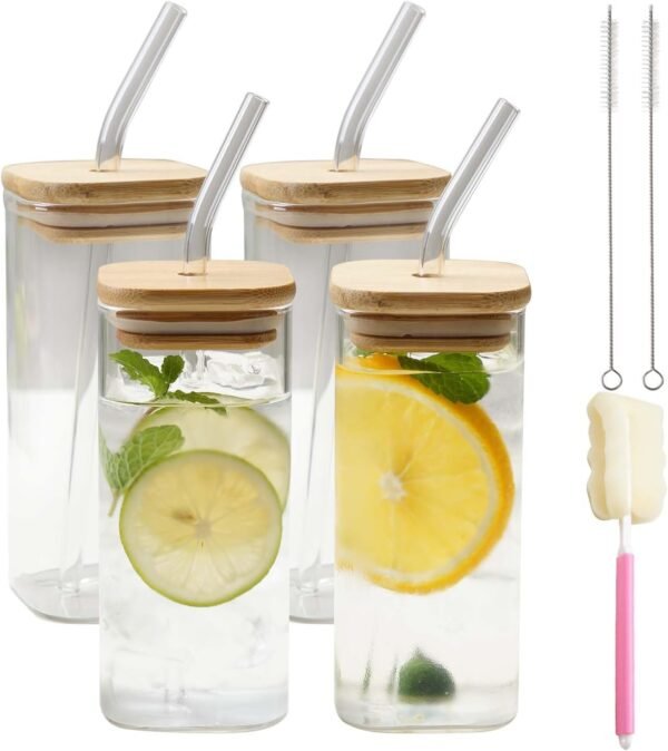 4 Pack Square Glass Cups with Lids & Straws