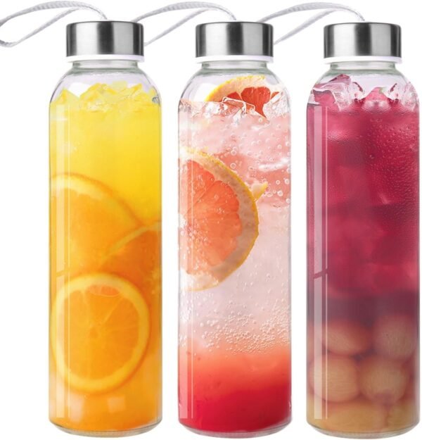 3 Pack 18oz Clear Glass Water Bottles with Stainless Caps