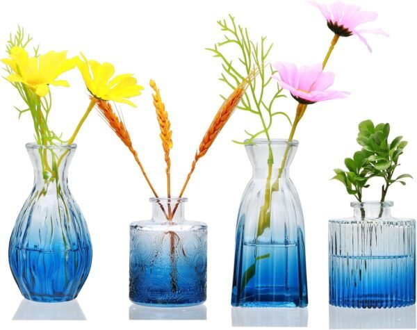 Set of 4 Deep Blue Embossed Glass Bud Vases