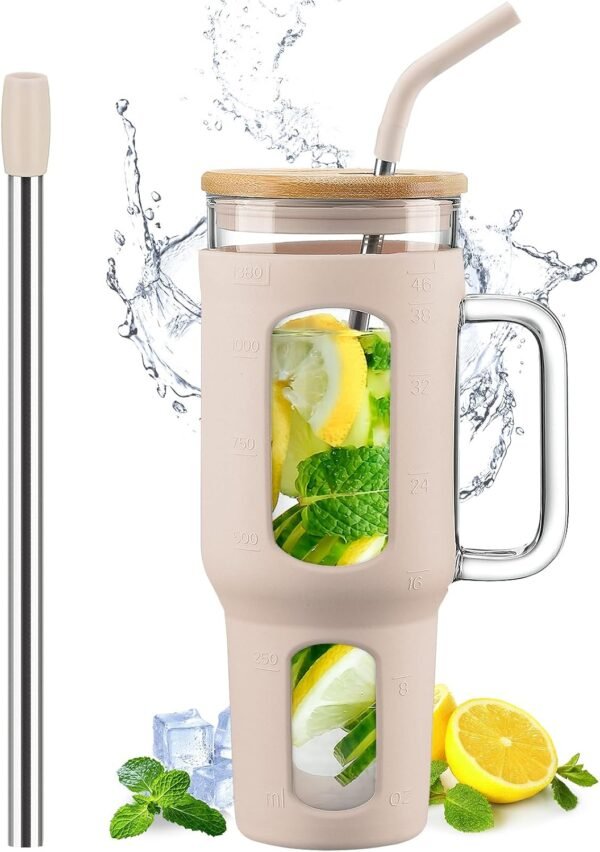 46oz Amber Glass Tumbler with Lid and Straw