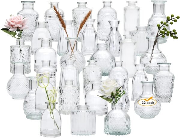 Set of 32 Embossed Clear Glass Bud Vases