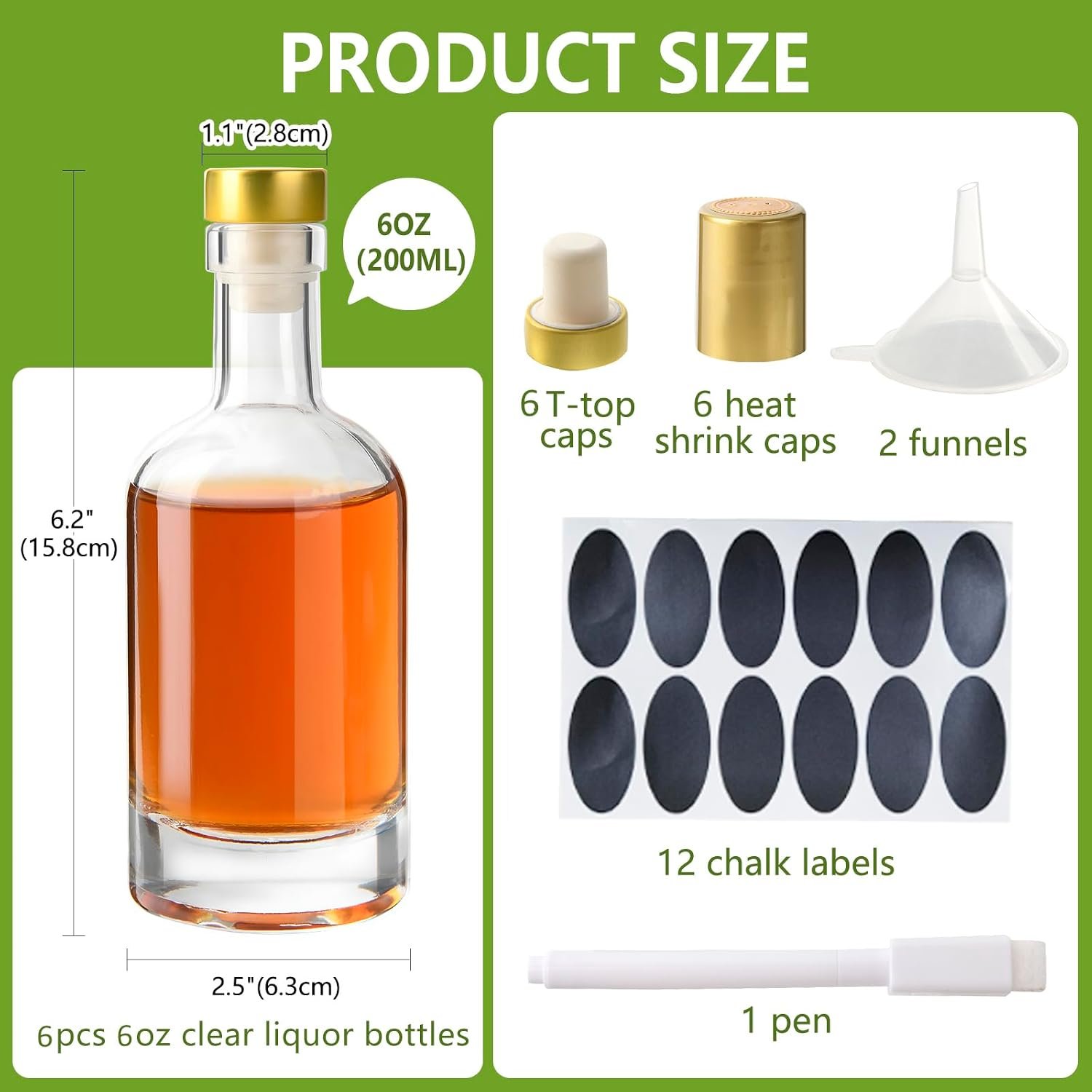 6 Pack 6oz Clear Glass Liquor Bottles with T Top Caps Image 2