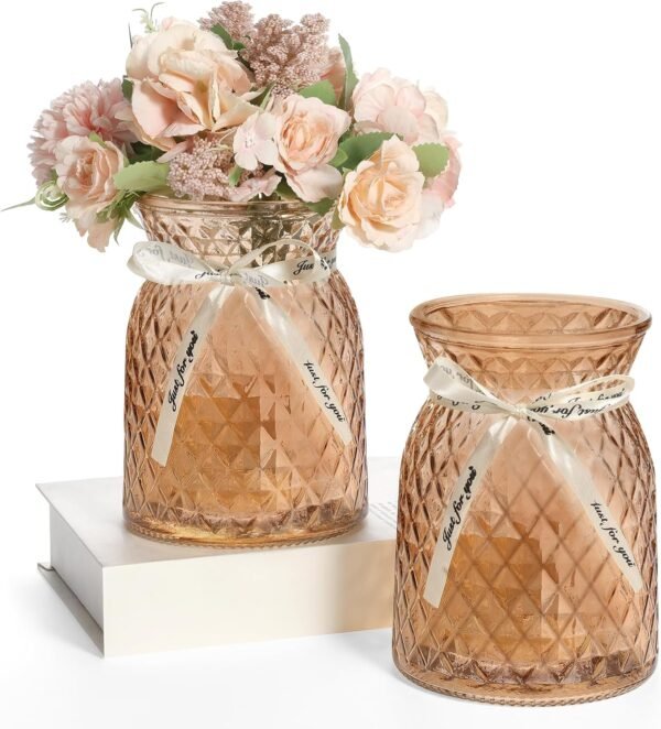 2 Pack Amber Diamond Pattern Glass Flower Vases