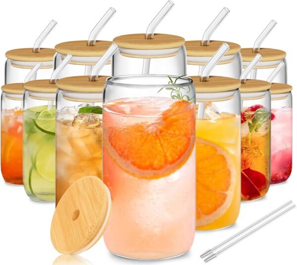 12 Pack 16oz Can Shaped Glass Cups with Lids & Straws