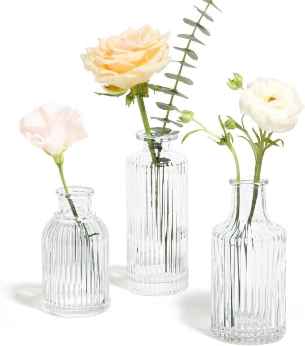 Set of 3 Small Ribbed Glass Bud Vases Clear