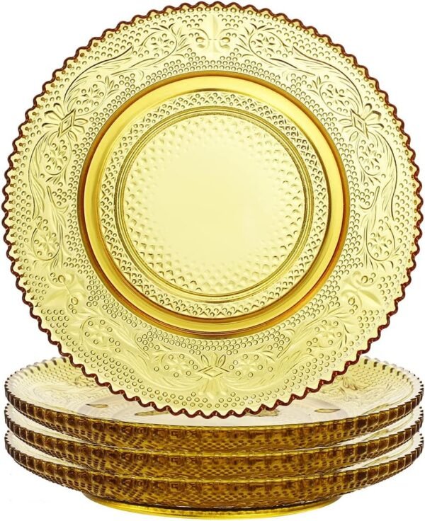 4 Pack 6 Inch Amber Lace Trim Glass Snack Plates