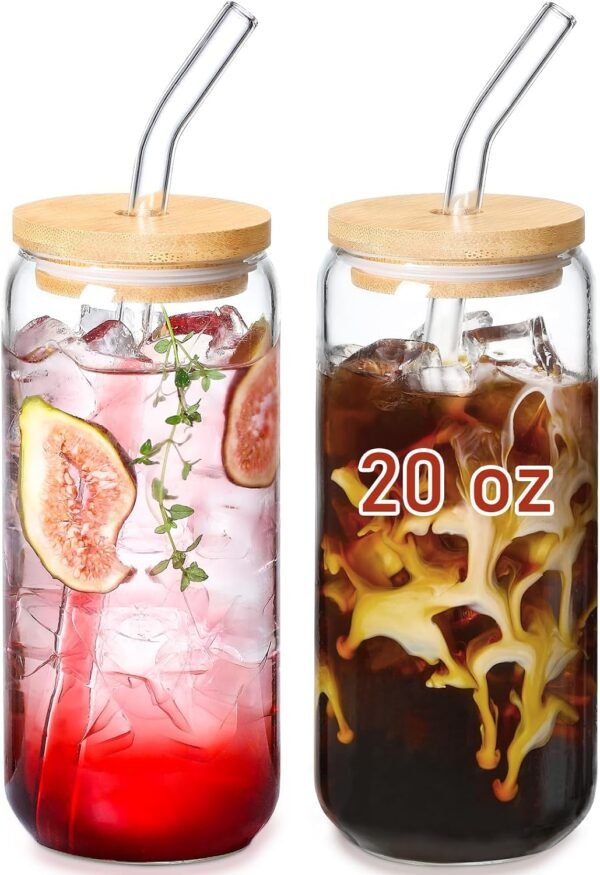 2 Pack 20oz Glass Cups with Bamboo Lids & Straws Beer Shape