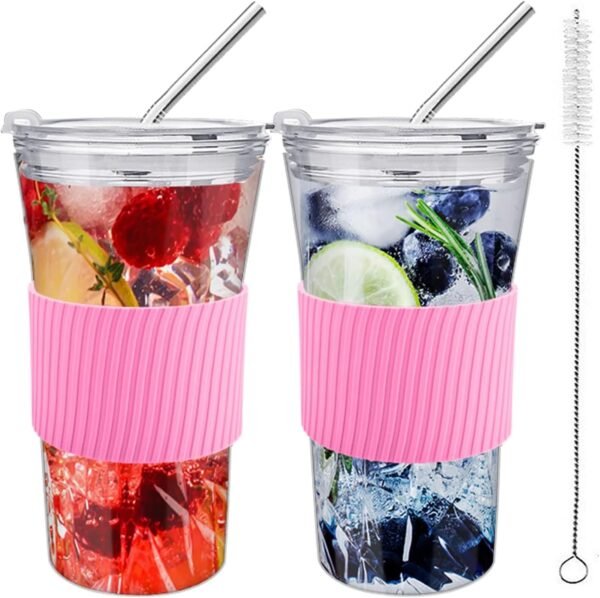 2 Pack Pink 16oz Iced Coffee Cups with Lids & Straws