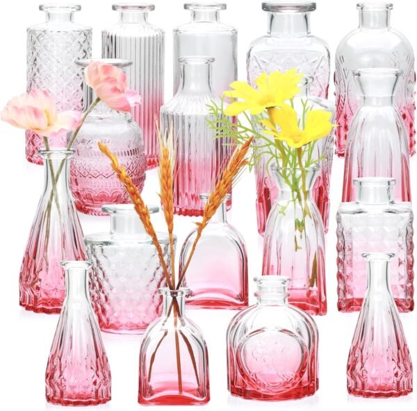 Set of 18 Pink Small Glass Bud Vases Vintage