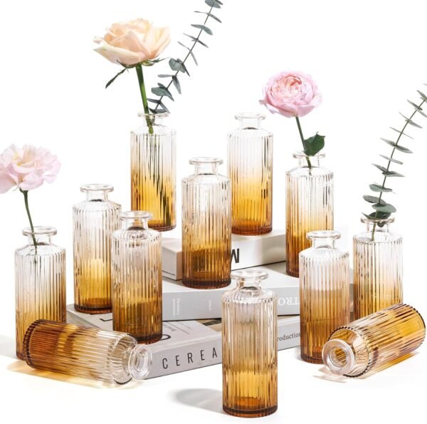 Set of 12 Gradient Amber Small Glass Bud Vases