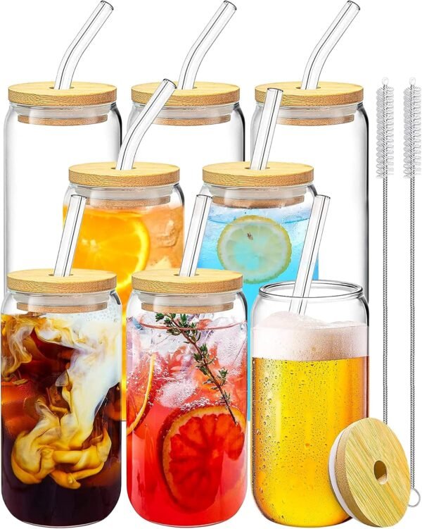 8 Pack 16oz Glass Cups with Bamboo Lids & Straws