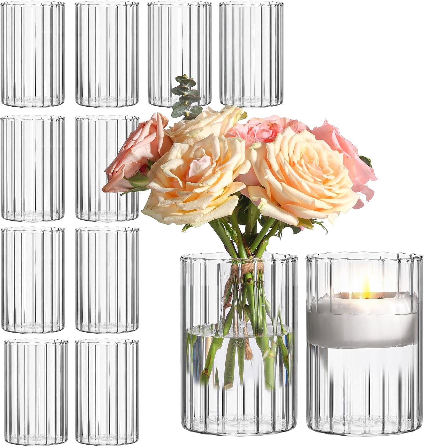 12 Pack 6 Inch Clear Ribbed Glass Cylinder Vases