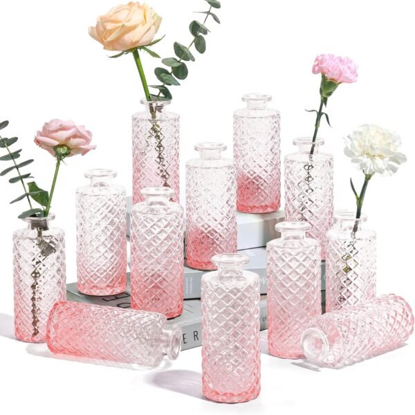 Set of 12 Small Diamond Glass Bud Vases Gradient Pink